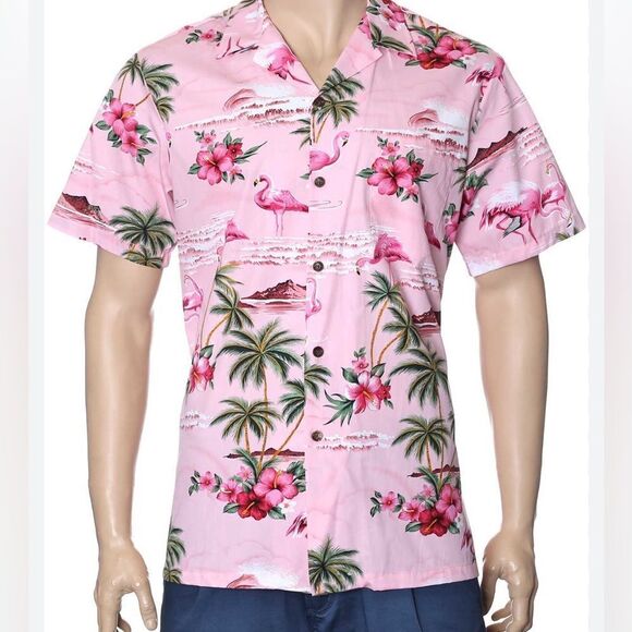 RJC Men’s Flamingo Hawaiian Tropical Pink Button Up Shirt Made In Hawaii Size XL - Picture 1 of 11